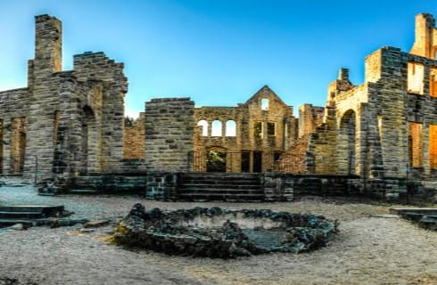 Ruins of a large stone brick building