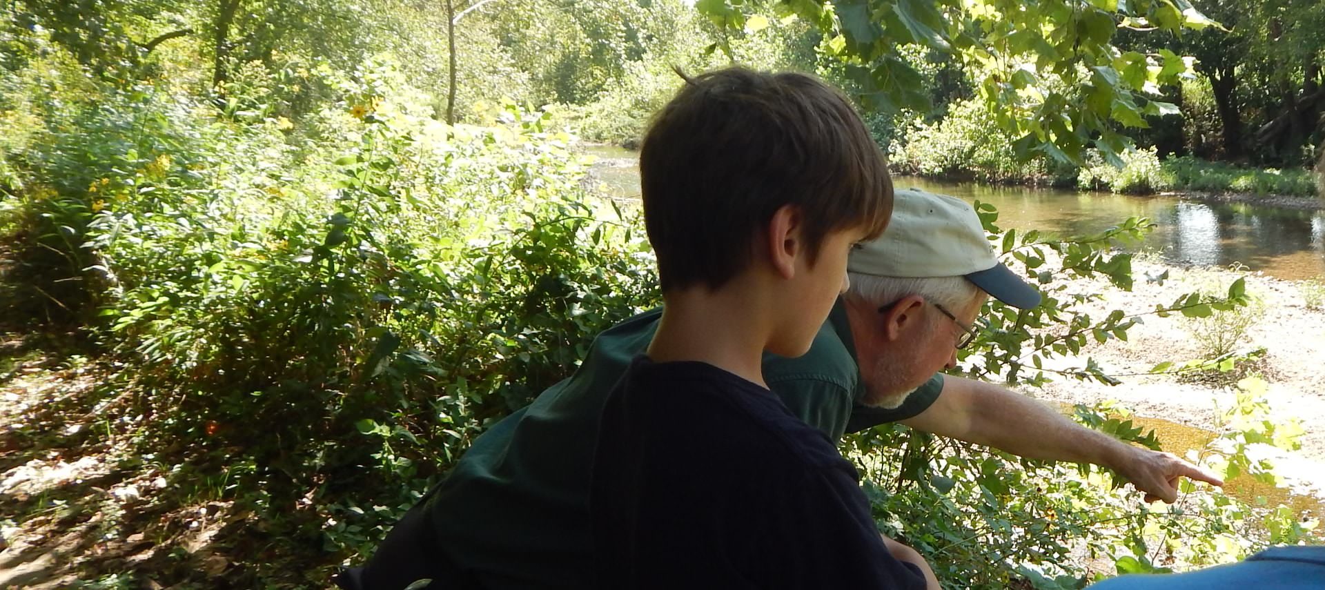 A boy sitting by a man pointing at a small river surrounded by green grass, plants and trees